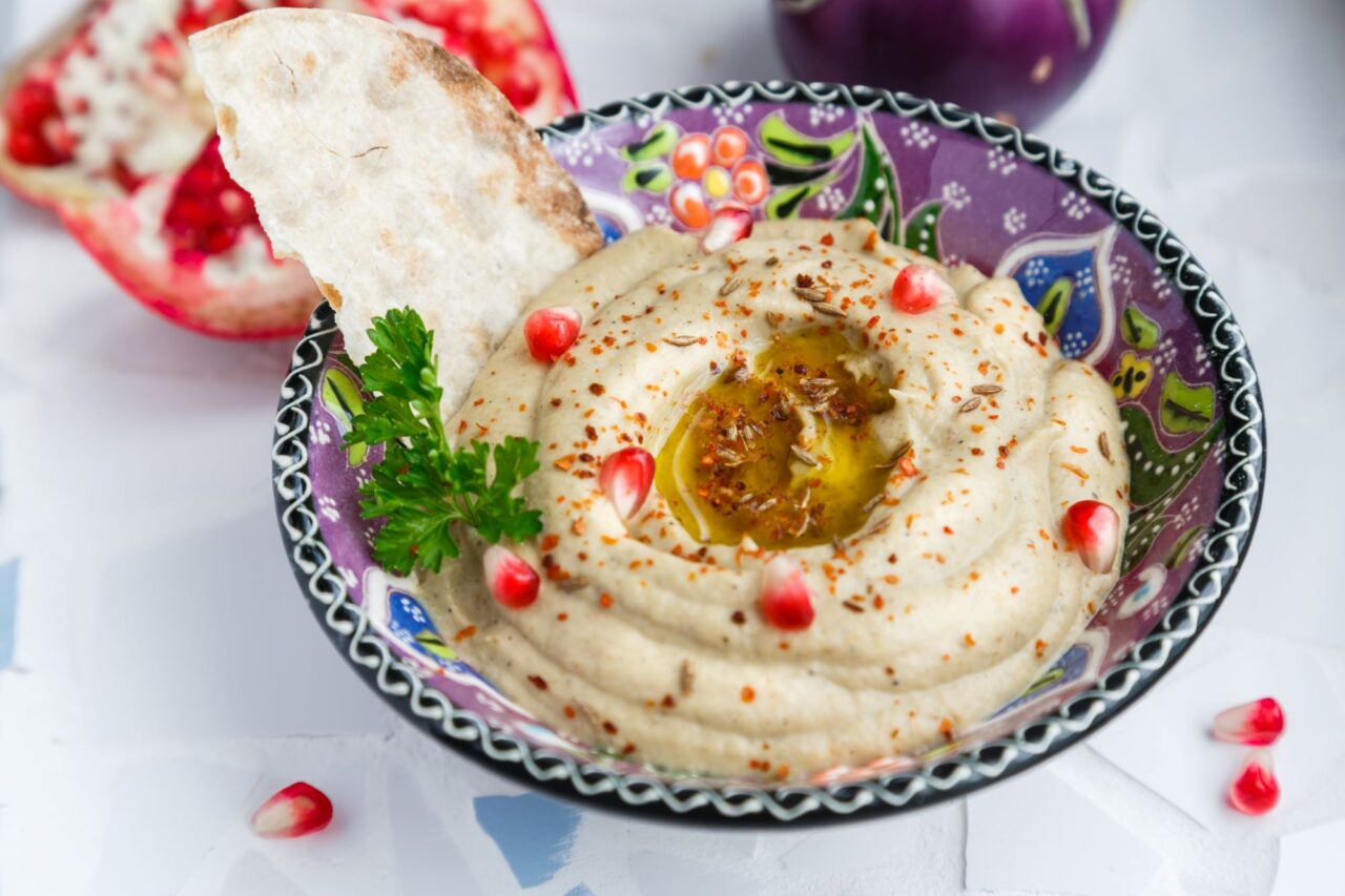 Baba ghanoush, levantine eggplant dip with olive oil and parsley