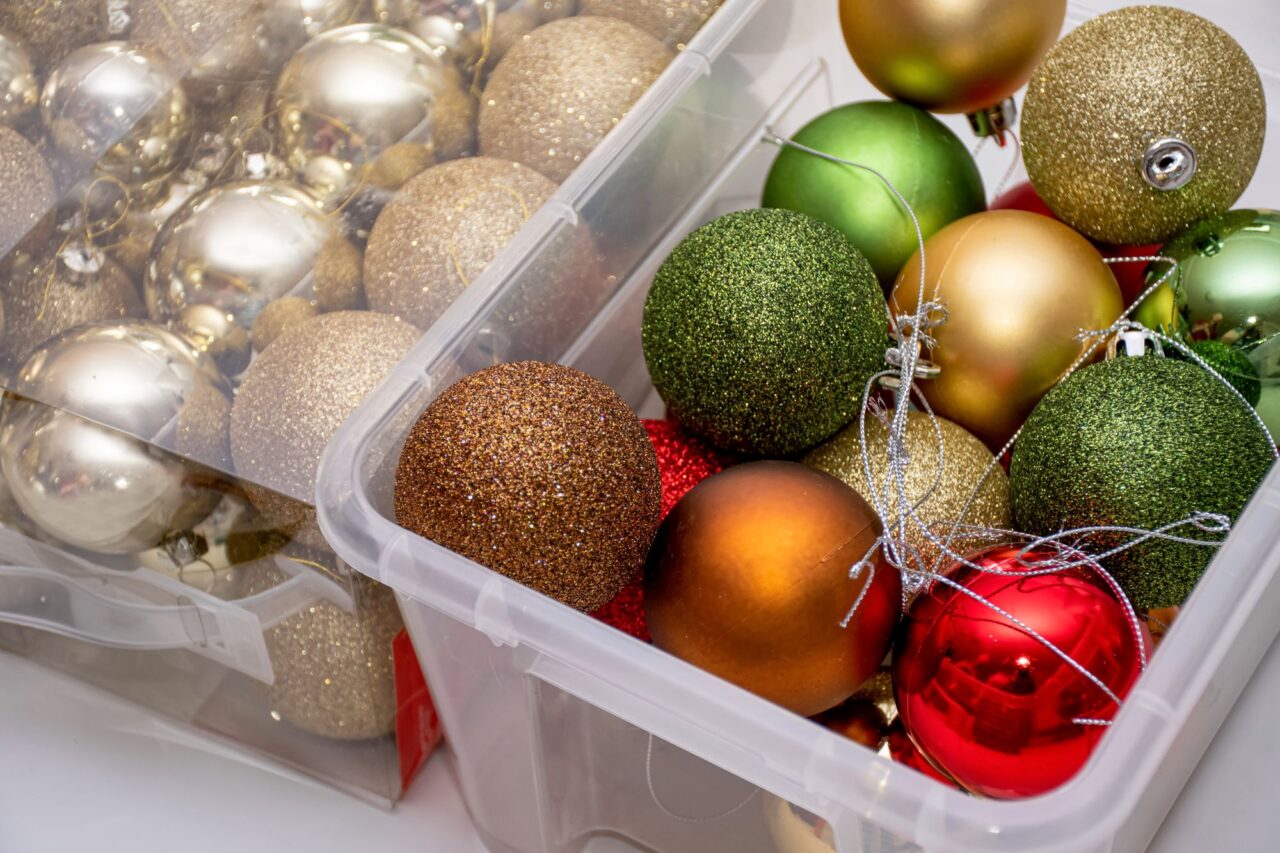 Christmas balls in a plastic transparent boxes