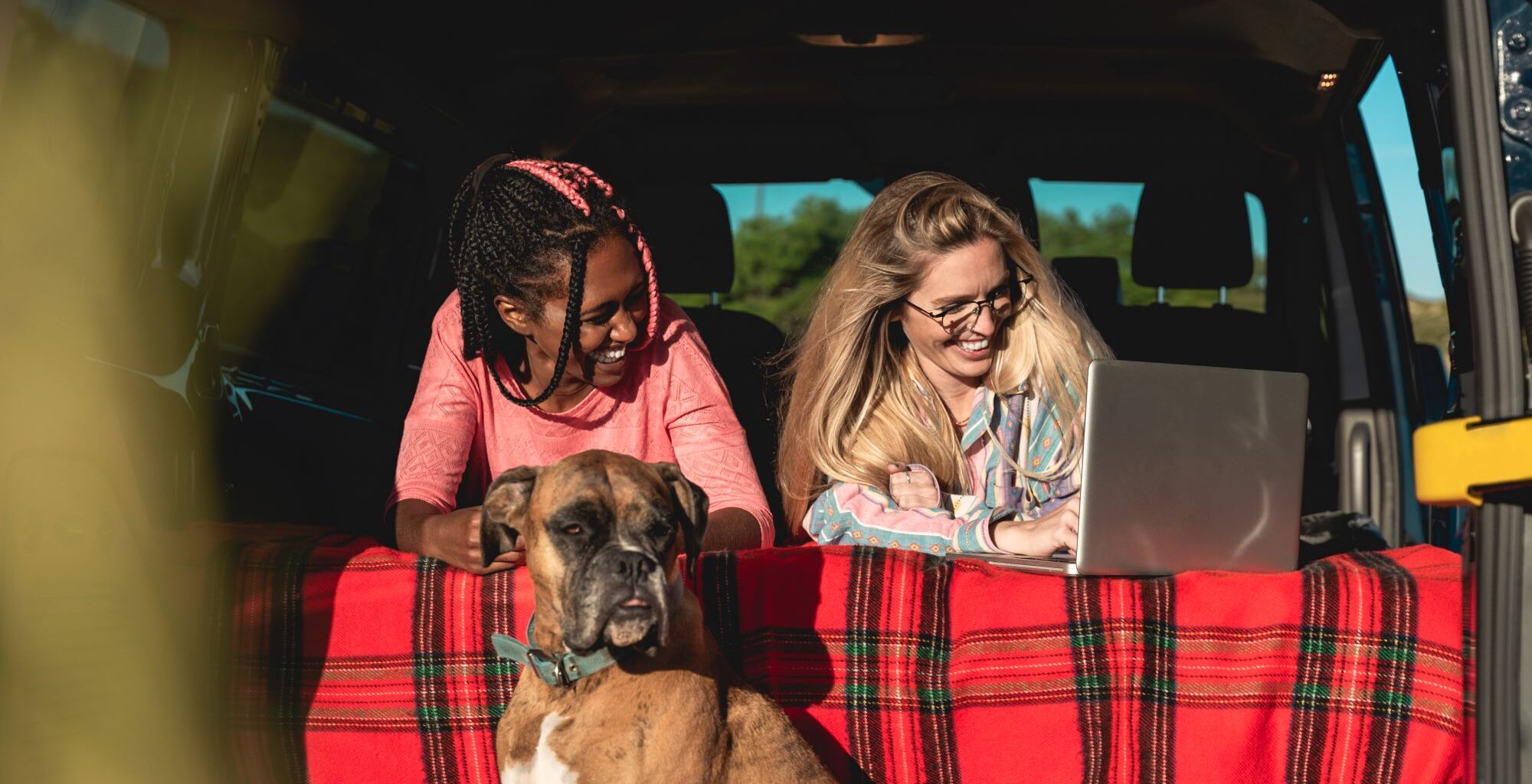Multiracial people with dog traveling together mini van transport-Car Travel With Pets