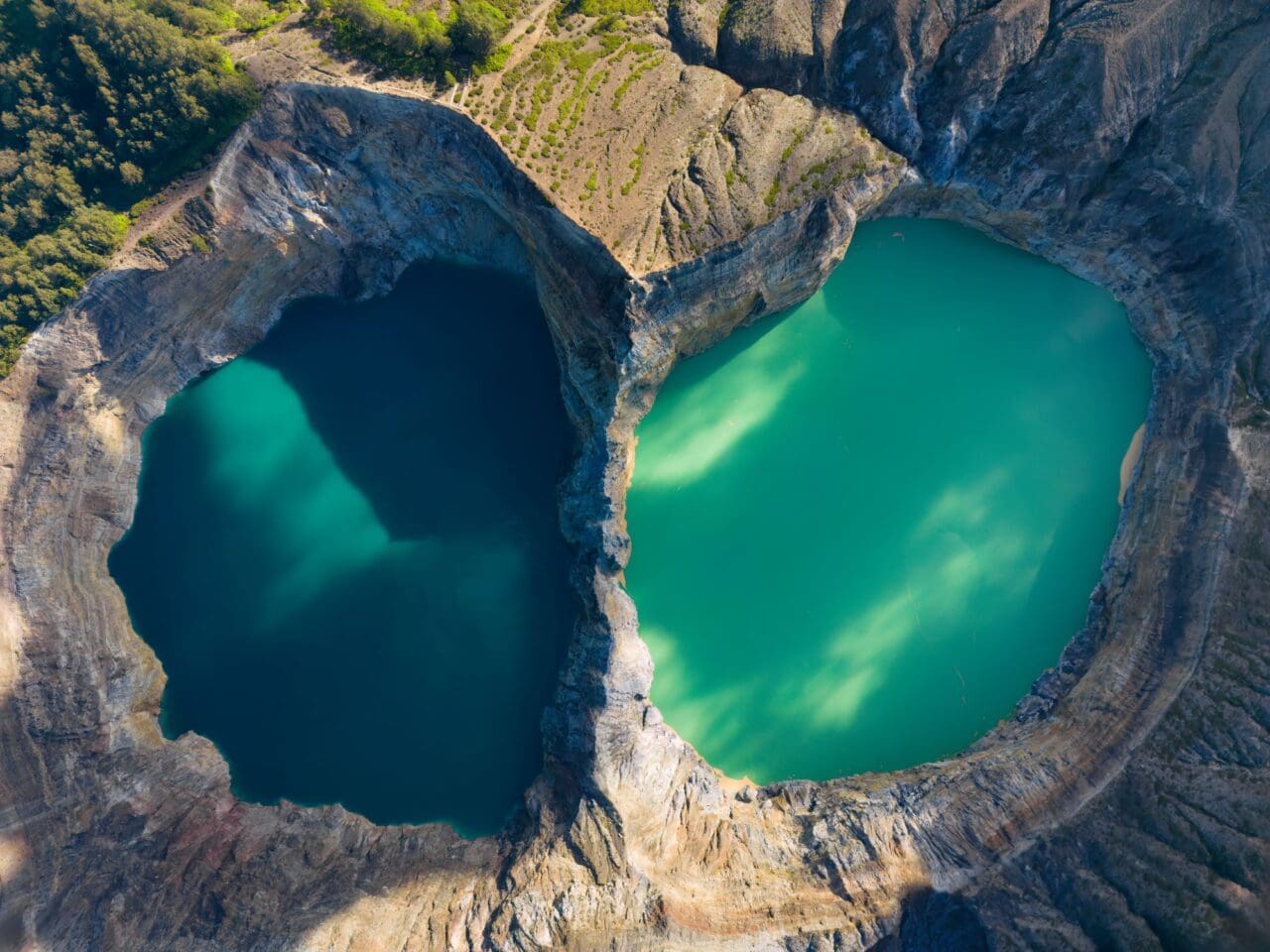 Aerial view of Kelimutu National Park's crater lakes on Flores Island, Indonesia